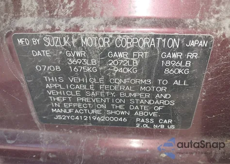 2009 Suzuki Sx4 Le/Le Popular from USA, damaged, VIN JS2YC412196200046